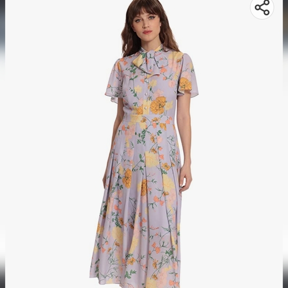 Donna Morgan Floral Printed Short Flutter Sleeve Pleated Skirt Midi Dre… - Picture 3 of 12